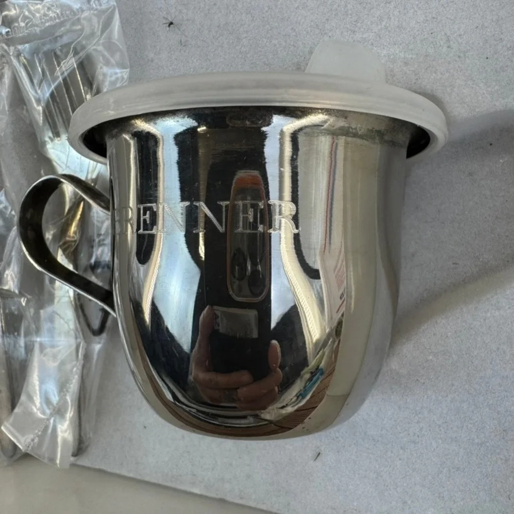Silver Plated Baby Feeding Set Briar Patch Cup Spoons Fork 5 Pieces Engraved